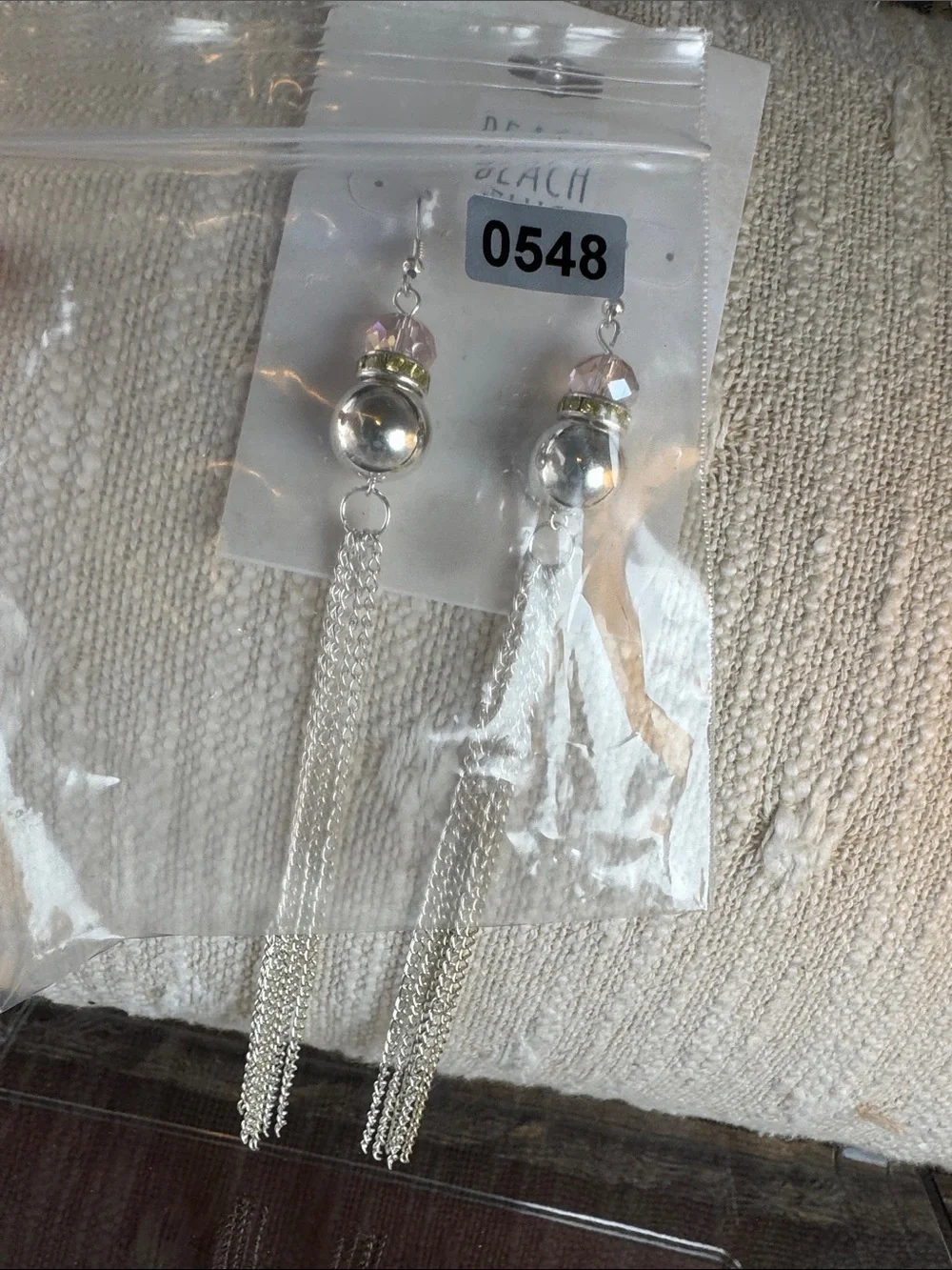 0548- Beach Chic Silver Tassel Drop Earrings with Pink‎ Accent